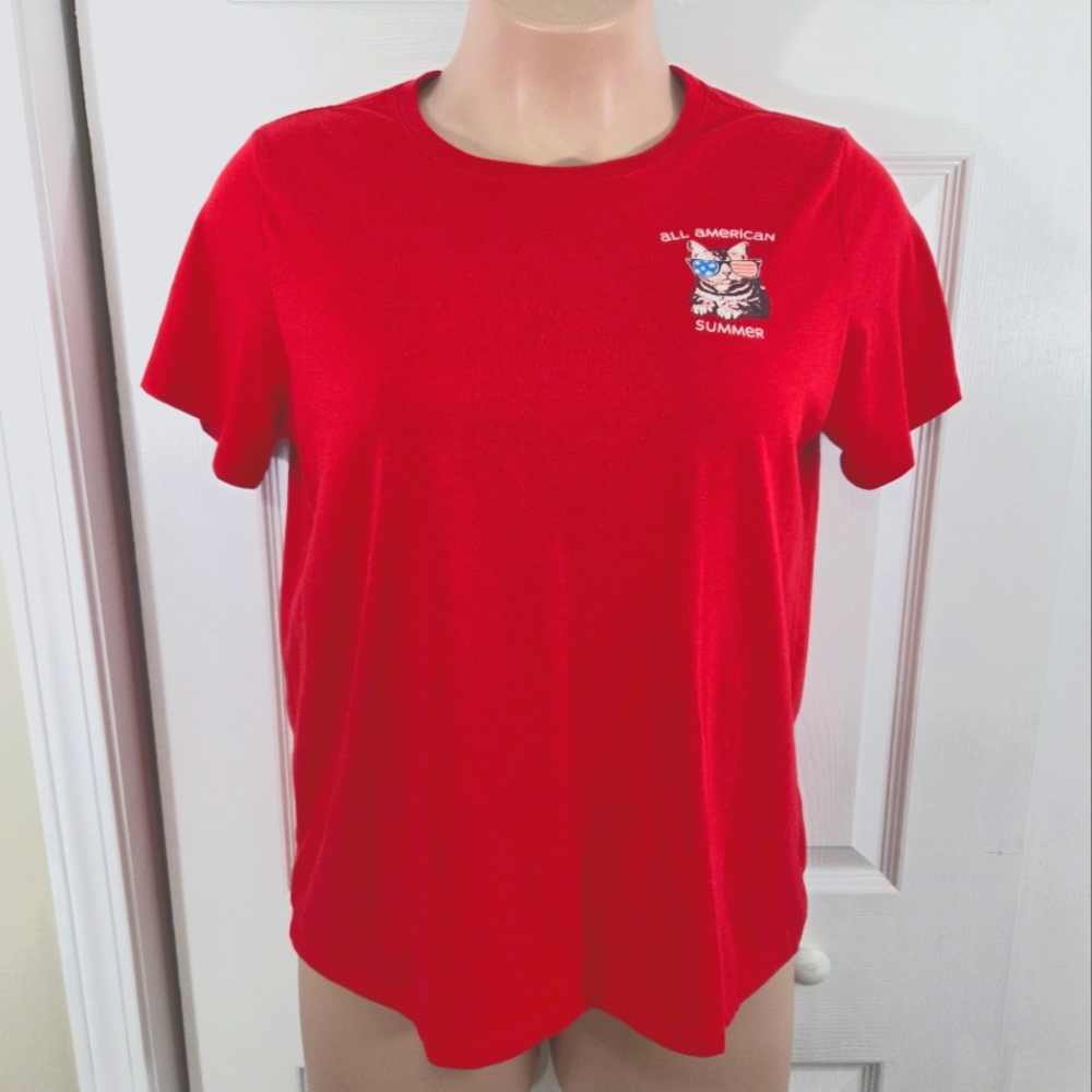 Way To Celebrate Patriotic Red "All American Summer" Cat Short Sleeve Shirt XXL